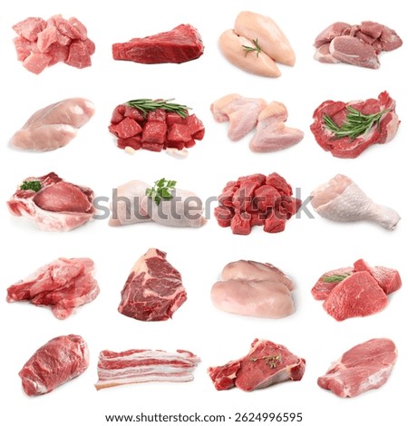 Different types of fresh raw meat isolated on white, collage. Beef, pork, chicken and veal