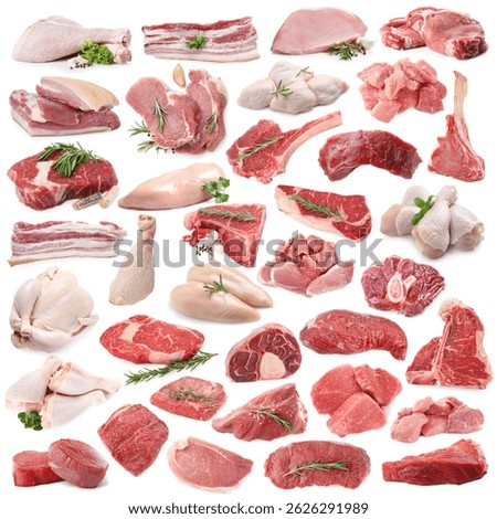 Different types of fresh raw meat isolated on white, collage. Beef, pork, chicken and veal