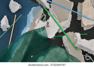 Different types of garbage that do not decompose: insulation materials, polystyrene and plastics. Waste generated by humans, environmental education and responsibility.