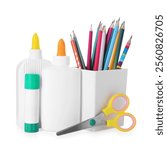 Different types of glue, pencils and scissors isolated on white
