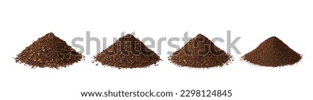 Different types of grinds coffee isolated on white background.