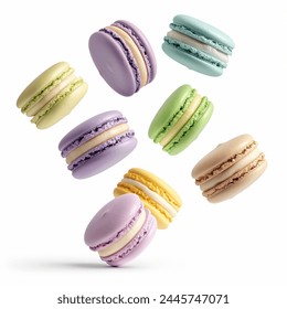 Different types of macaroons in motion falling on isolated. Many flavors and colors of macarons flying on abstract background.