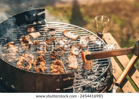 Different types of meat being roasted on barbecue grill outdoors on a sunny day. Barbecue time in backyard.