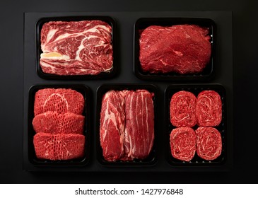  
Different types of meat in plastic boxes packaging tray - Shutterstock ID 1427976848