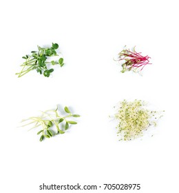 Different Types Of Micro Greens On White Background. Healthy Eating Concept Of Fresh Garden Produce Organically Grown As A Symbol Of Health And Vitamins From Nature. Microgreens Closeup.