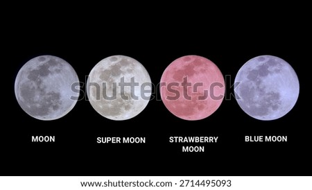 Different types of moons with different colors on a black background. Full moon. Supermoon. Red moon or Strawberry moon. Blue moon
