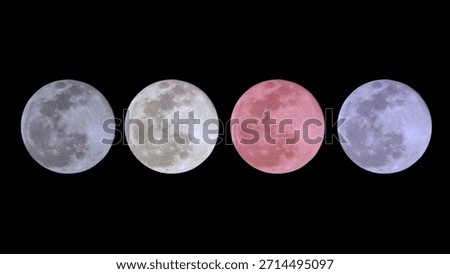 Different types of moons with different colors on a black background. Full moon. Supermoon. Red moon or Strawberry moon. Blue moon