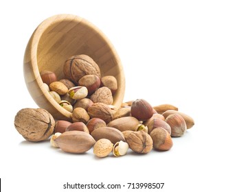 Different types of nuts in the nutshell. Hazelnuts, walnuts, almonds, pecan nuts and pistachio nuts isolated on white background.