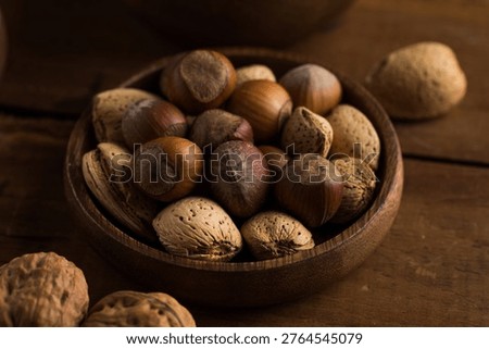 Different types of nuts in the nutshell. Hazelnuts, almonds