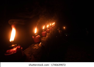 Different Types Of Oil Lamp (lampu Pelita) Are Burned In The Night Of Eid Mubarak. (selected Focus)