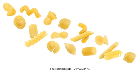 Different types of pasta flying on white background - Powered by Shutterstock