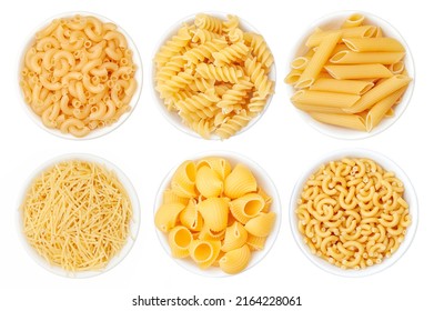 Different types of pasta in a white cup on a white background. View from above - Shutterstock ID 2164228061