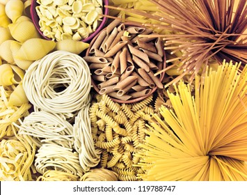 different types of pasta. whole wheat pasta, pasta, corn, rice noodles