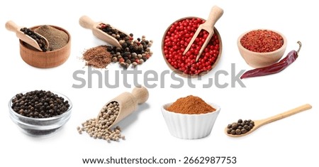 Different types of peppers, set. Spices isolated on white
