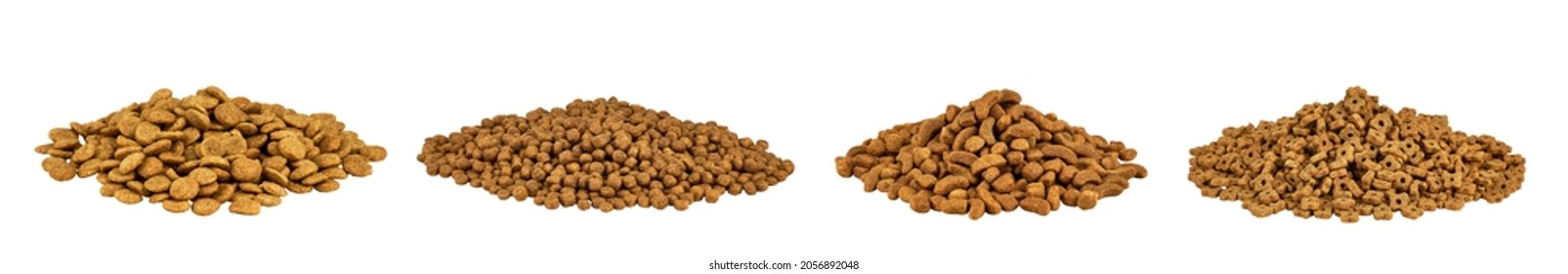 Different Types Of Pet Dry Food Isolated On White Kibble Food For Cat Or Dog