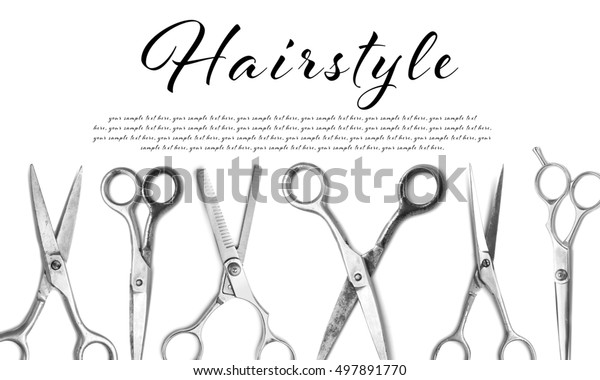 Different Types Professional Hairdresser Scissors Word Stock Photo