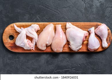 Different Types Of Raw Chicken Meat, Poultry. Black Background. Top View