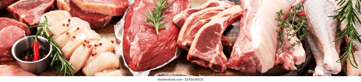 Different types of raw meat - beef, pork, lamb, chicken on dark background, panorama