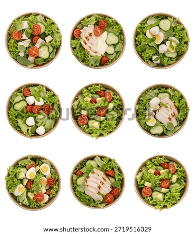 Different types of salad with vegetables isolated on white background