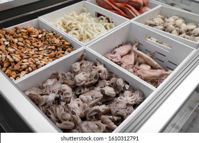 Different types of seafood on display. Wholesale market