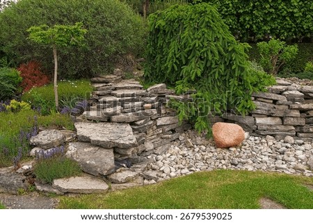 Different types of shrubbery, shrubs, stone path surrounded by evergreen trees. Professional Landscaping with lots of flowers, plants, rocks on the ground. Garden Daily Idea. English style. Real Video