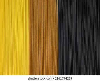 Different types of spaghetti top view.  Italian raw pasta close-up. Spaghetti durum wheat background. Black, brown and yellow uncooked paste. Ingredients Italian cuisine. - Powered by Shutterstock