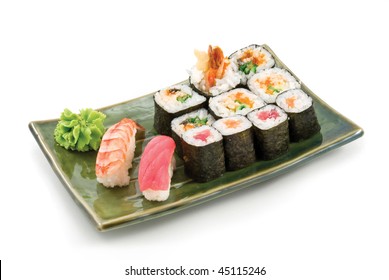 Different Types Of Sushi In The Plate Isolated On White Background