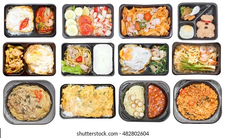 Different types of takeaway food in microwavable containers sold in convenient stores - Shutterstock ID 482802604