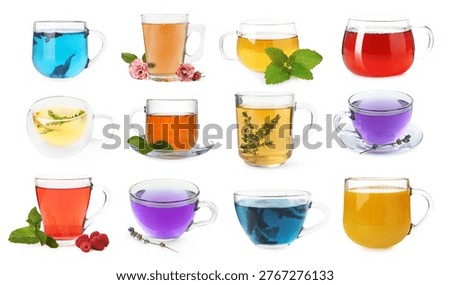 Different types of tea in cups isolated on white, set