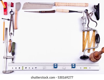  Different types of tools making frame on white background
