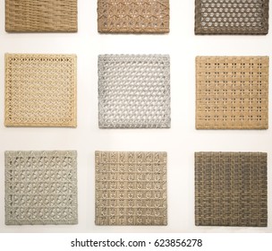 different types of wickers - nine square pieces on the wall