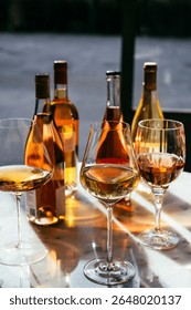 Different types of wine in glasses - red, white, rose and amber. Wine tasting in a bar or restaurant.