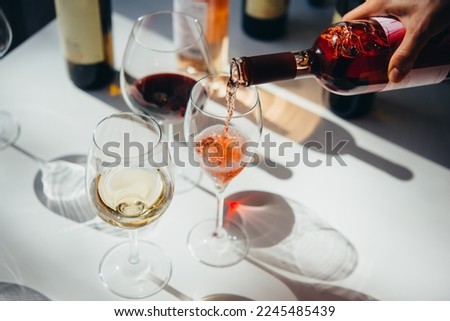 Different types of wine in glasses - red, white, rose and amber. Wine tasting in a bar or restaurant.
