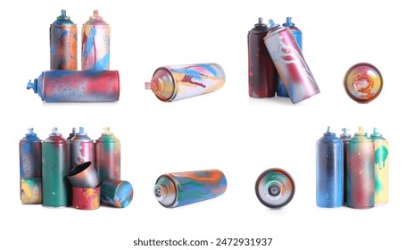 Different used spray paint cans isolated on white, set - Powered by Shutterstock