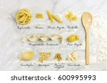 Different varieties of pasta with their names written, shot from above on a white marble table with flour and a wooden ladle. Pasta sorts list poster