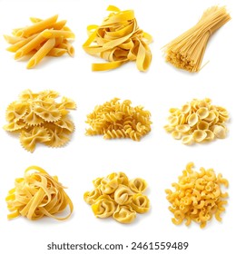 Different variety of Italian pasta in rows,different shapes isolated on white background from above. Italian cuisine food concept - Powered by Shutterstock