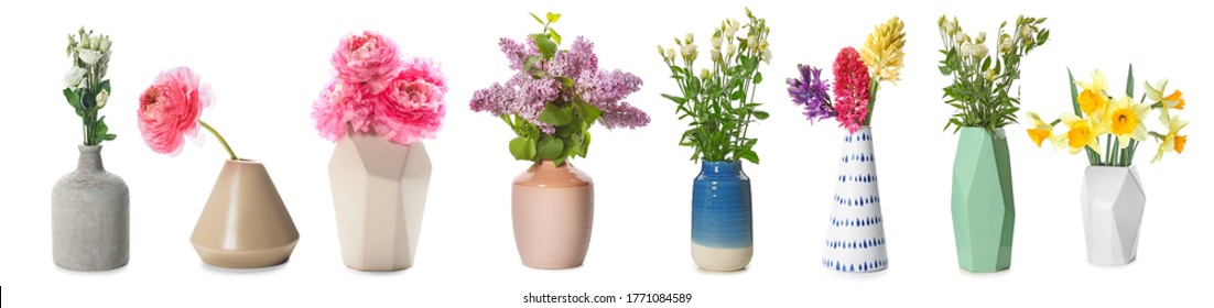 Different vases with beautiful flowers on white background - Shutterstock ID 1771084589