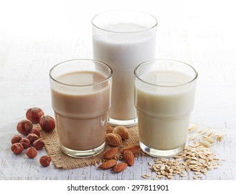 Different Vegan Milk: Almond Milk, Hazelnut Milk And Oat Milk