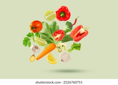 Different vegetables collection falling in the air on light green background. - Powered by Shutterstock