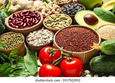 Different vegetables, seeds and fruits, closeup. Healthy diet