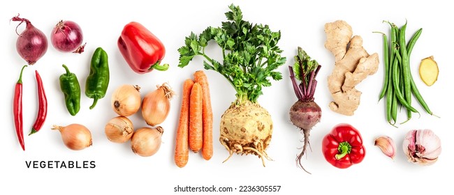 Different vegetables set. Celery, pepper, beetroot, carrot, onion, garlic, ginger and green bean isolated on white background. Healthy eating concept. Creative layout. Flat lay, top view
 - Powered by Shutterstock