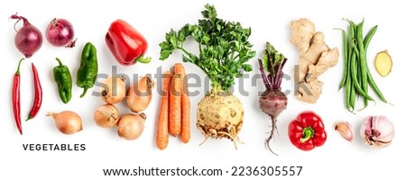 Different vegetables set. Celery, pepper, beetroot, carrot, onion, garlic, ginger and green bean isolated on white background. Healthy eating concept. Creative layout. Flat lay, top view
