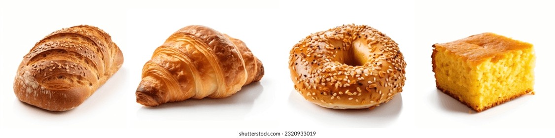 Different verities Fresh Bakery breads set. whole bread, croissant, bagel, cornbread. Bakery Fresh Food verities Whole brown breads, closeup photo, isolated on white background. Bakery food collection