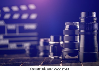 Different Video Making Equipment On Brown Wooden Table With Copy Space. Indie Movie Production Essentials