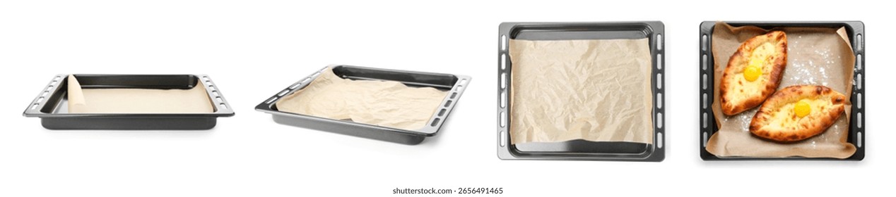 Different view of baking tray with parchment and tasty khachapuri on white background