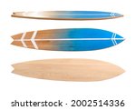 Different view of wooden surfboard on white background