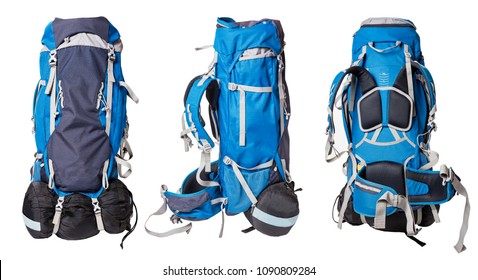 Different Views Of Blue Backpack For Hiking Isolated On White Background. Professional Backpack For Hiking Trips With Sleeping Bag. Outfit For Hikes. Trekking Bag For Sport Leisure Activity