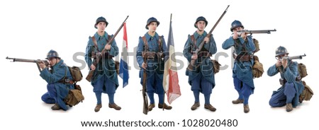 different views of French soldier 1914 1918 isolated on a white background
