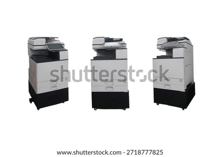 Different views of identical office multifunction printers designed for high-volume printing, copying, scanning, and faxing. Ideal for busy workspaces that need reliable document handling and efficient workflow across teams. Collection set.