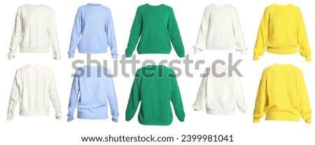 Different warm sweaters isolated on white, back and front